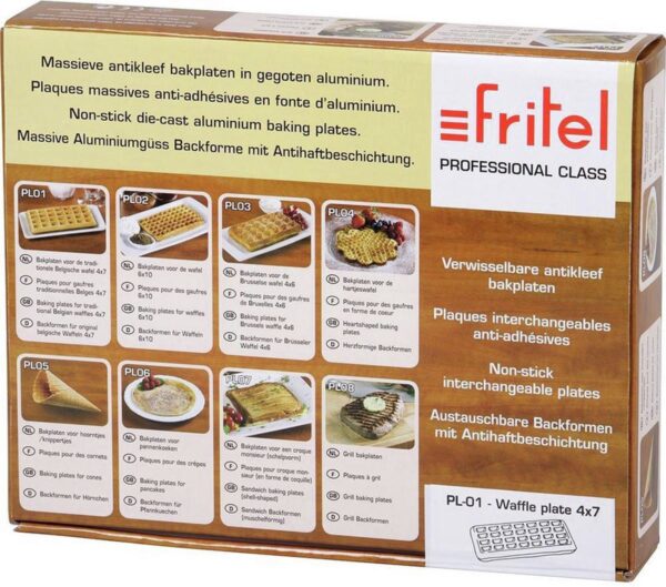 Fritel bakplaten verpakking met diverse plaatopties.