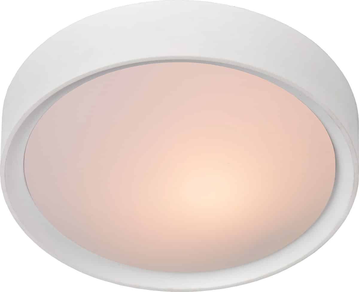 Ronde witte plafondlamp met diffuse verlichting.