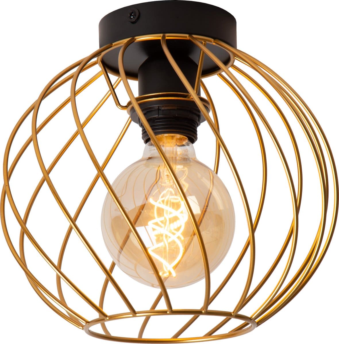 Gouden lamp met industrieel ontwerp en zichtbare gloeilamp.