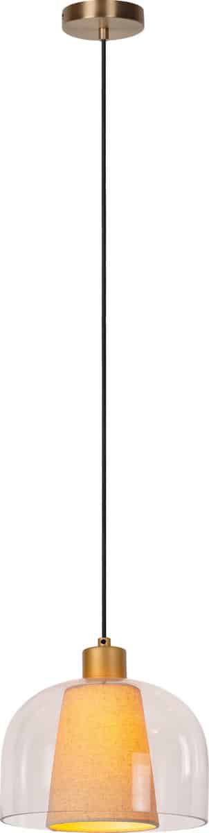 Houten hanglamp met glazen kap en zwarte kabel.