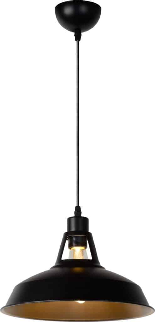 Zwarte industriële hanglamp met zichtbaar peertje