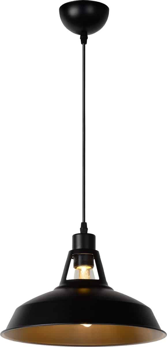 Zwarte industriële hanglamp met zichtbaar peertje