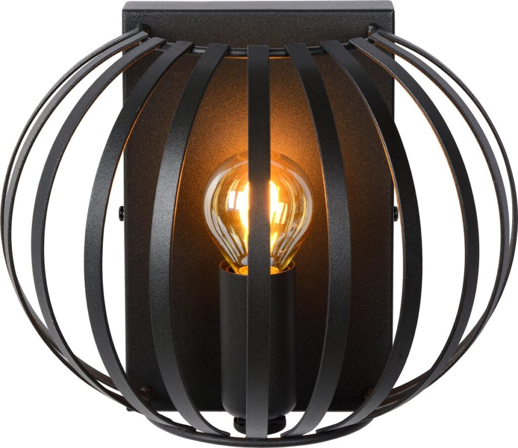 Zwarte industriële wandlamp met ronde metalen kooi.