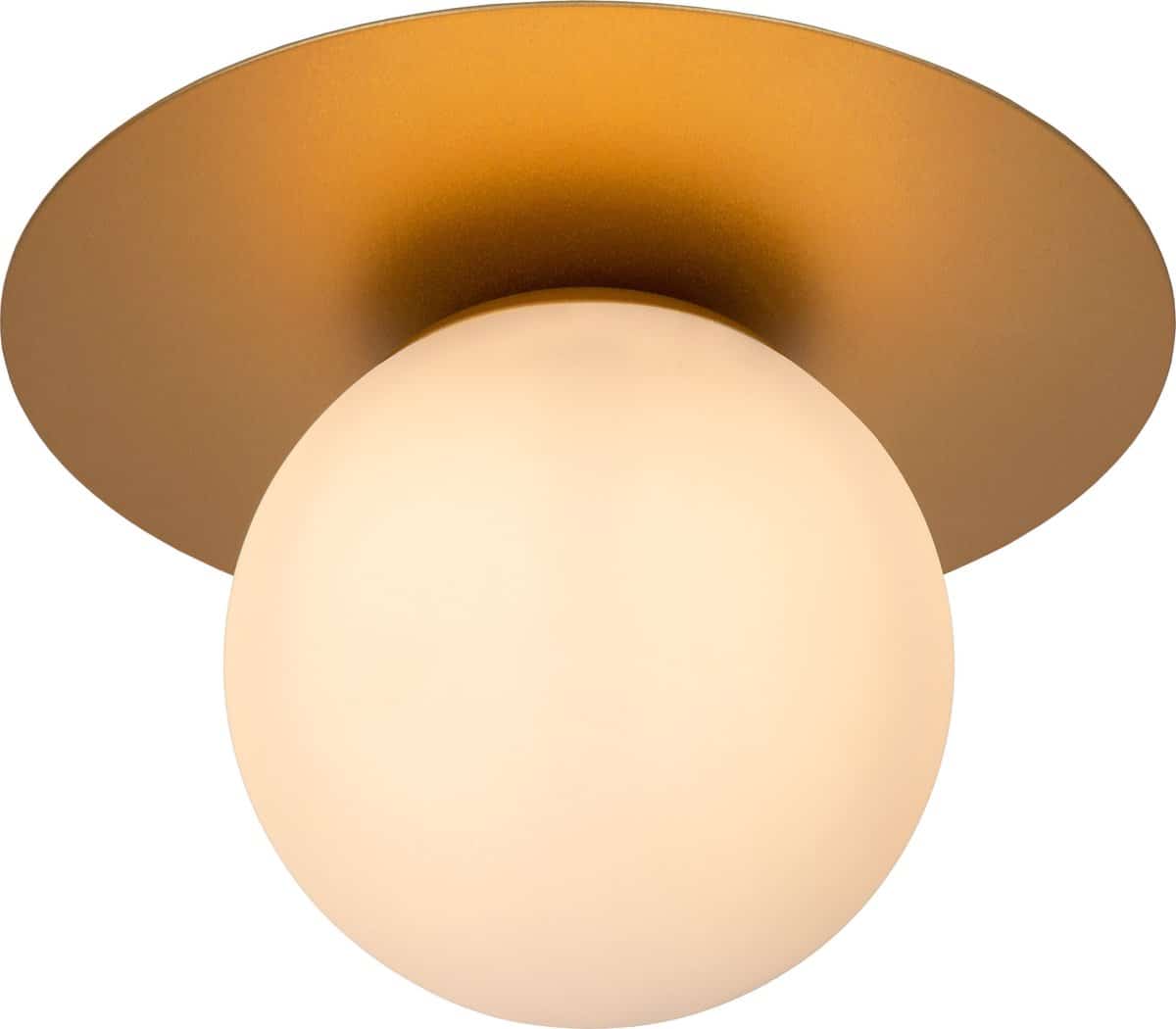 Gouden plafondlamp met bolvormige witte kap