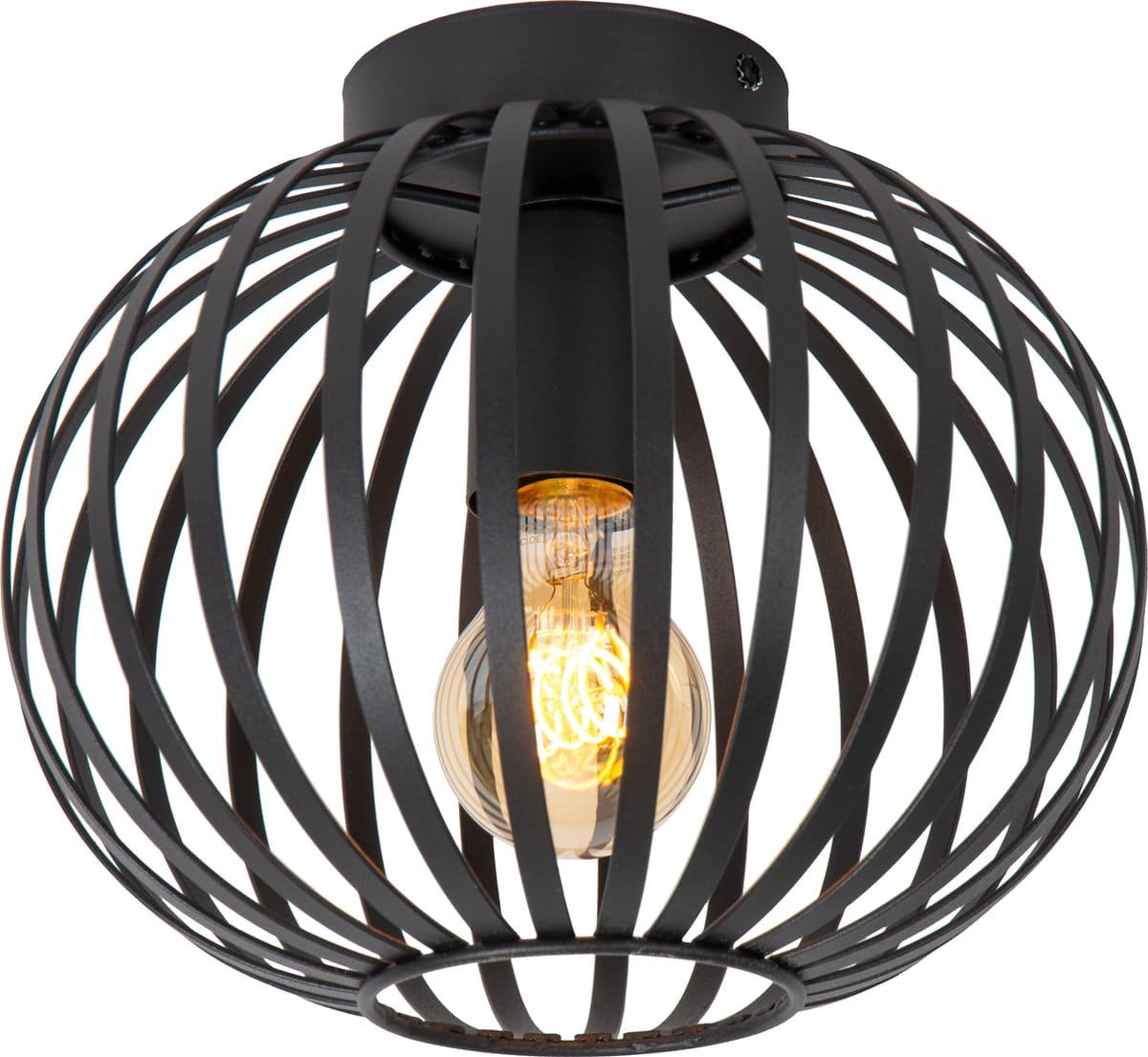 Moderne zwarte plafondlamp met metalen kooistructuur.