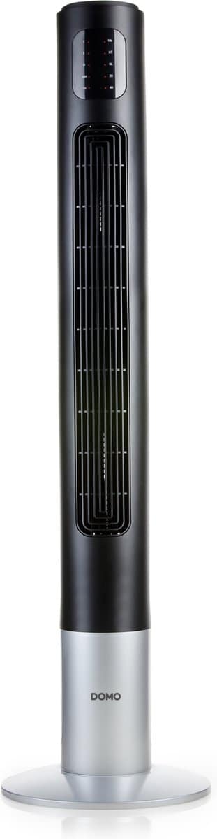 Zwarte torenventilator met display en zilveren voet