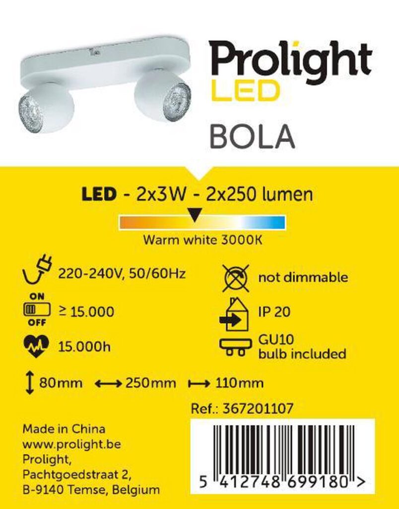 Prolight LED lamp, 2x3W, warm wit, niet dimbaar.