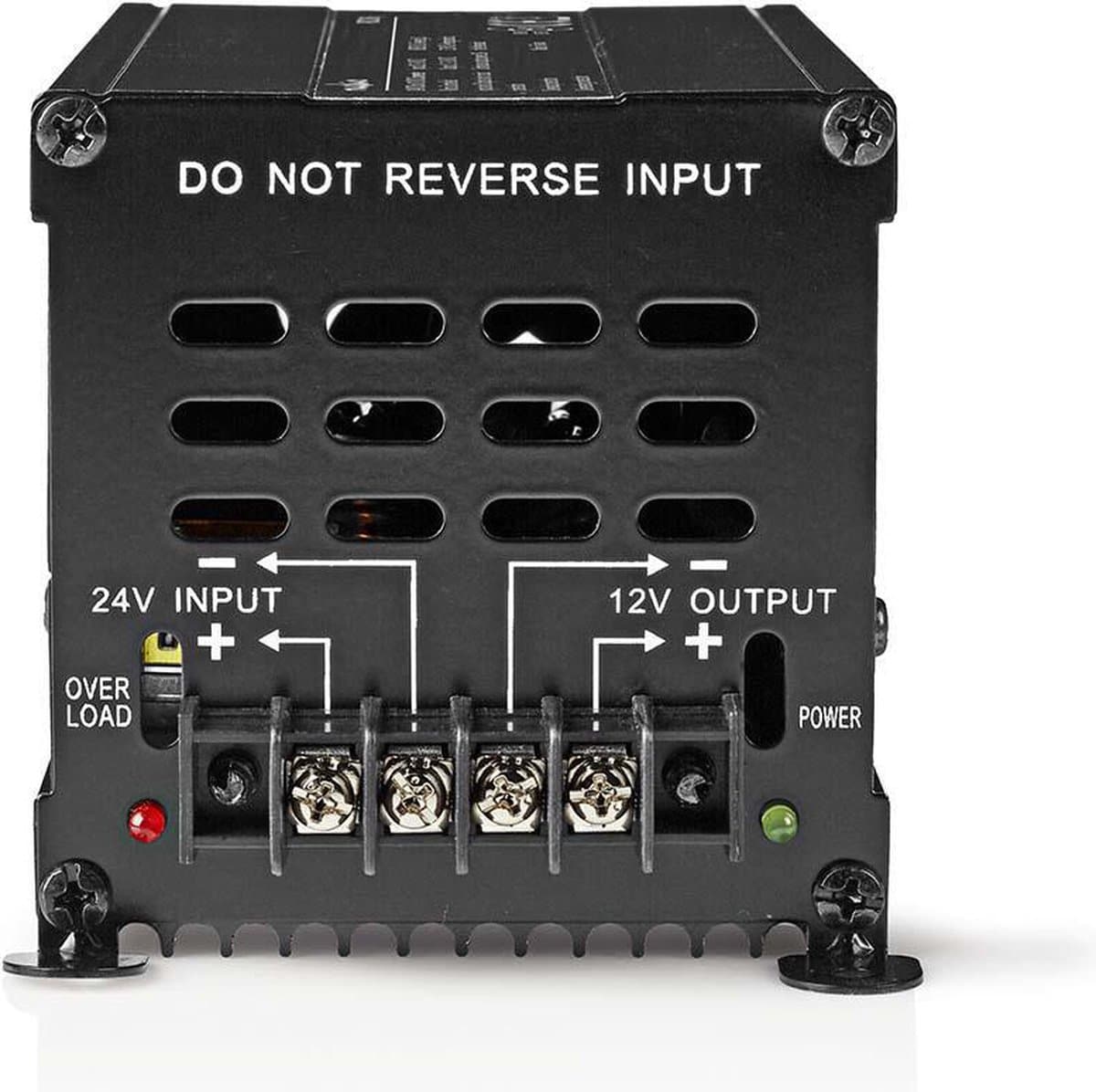 Zwarte spanningsomvormer met 24V input en 12V output.
