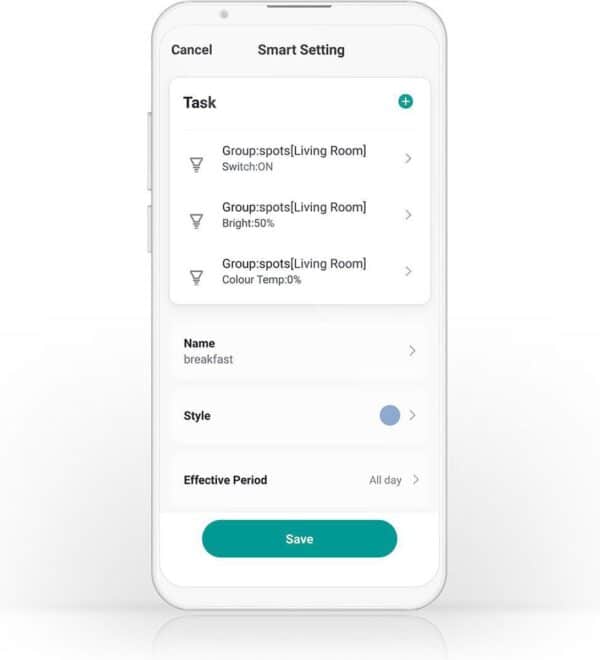 Slimme instelling voor woonkamerlampen op smartphone.