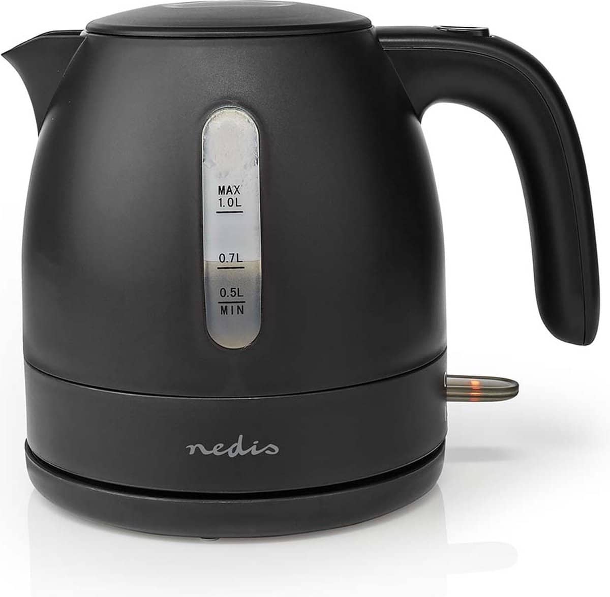 Zwarte waterkoker met literindicator en handvat.