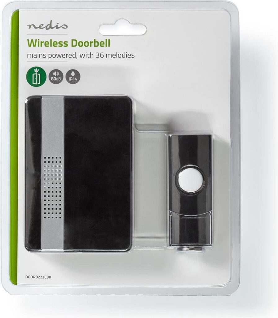Draadloze deurbel met 36 melodieën, zwart ontwerp.