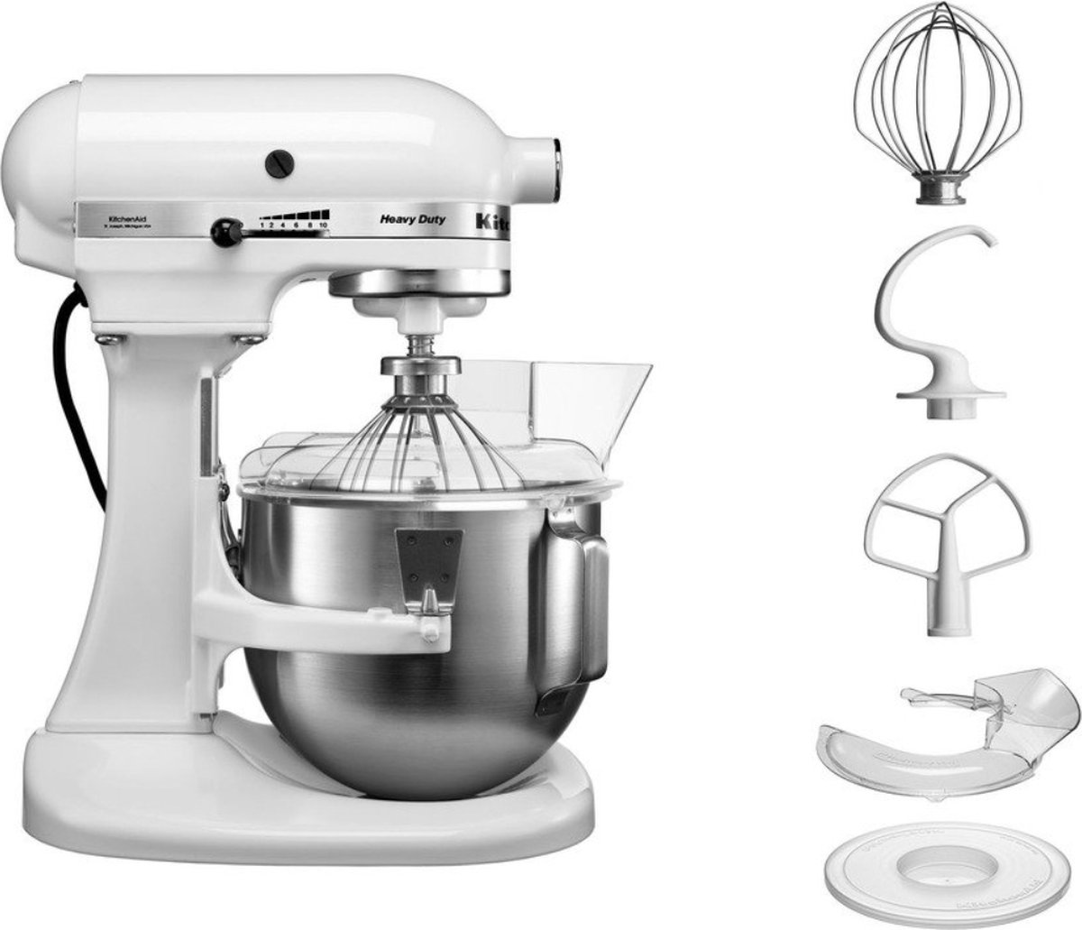 White KitchenAid stand mixer with accessories and mixing bowl