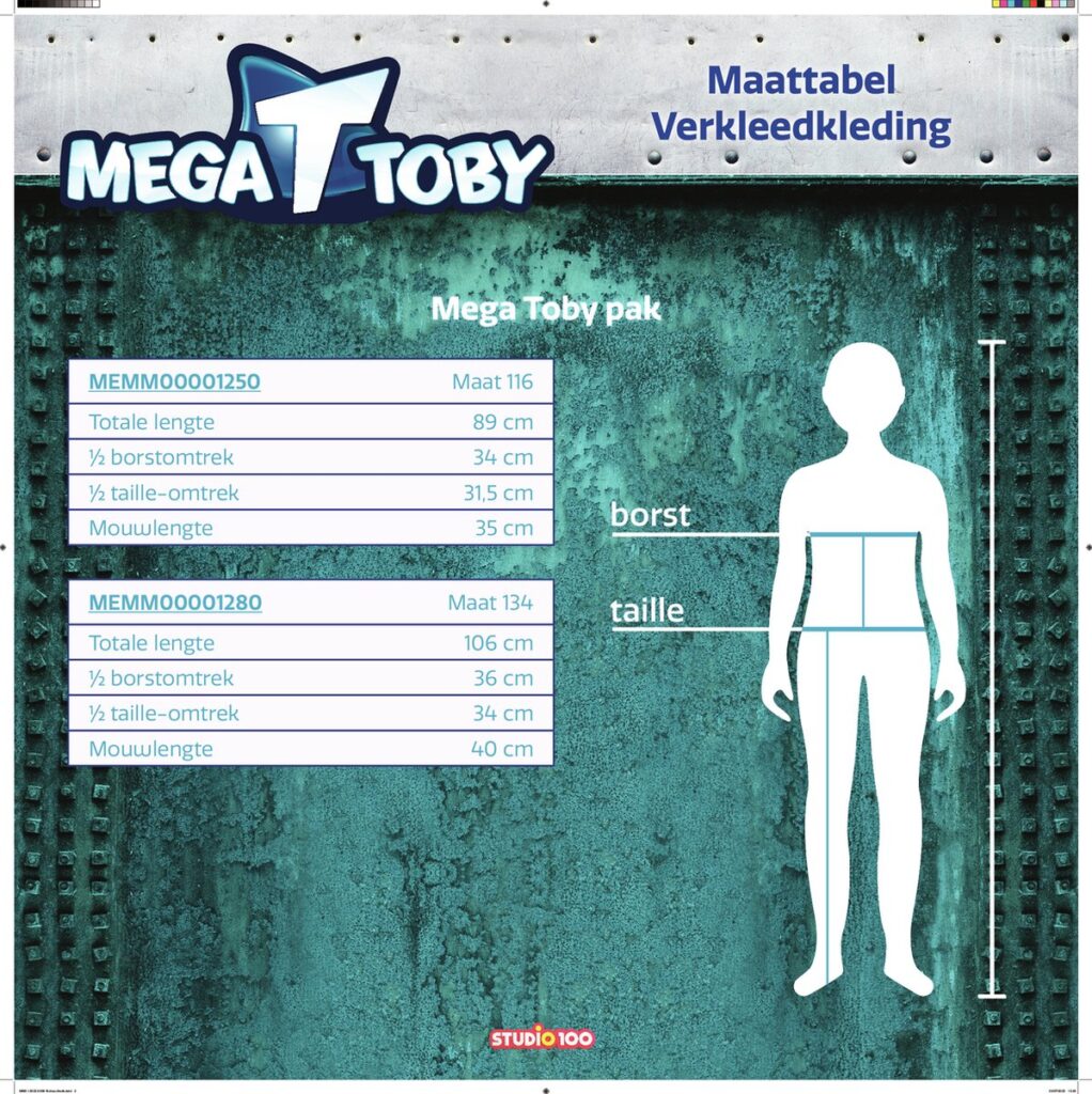 Size chart for Mega Toby costumes with bust and waist sizes.