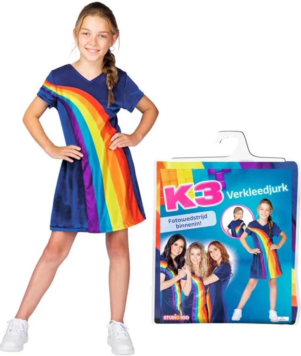 Meisje in regenboog K3 verkleedjurk