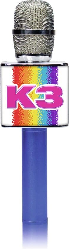 Kleurrijke microfoon met regenboog en K3 logo.