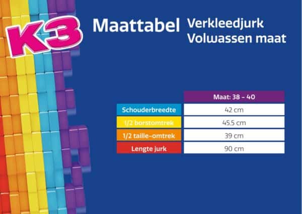 Maattabel voor verkleedjurk volwassen maat 38-40.