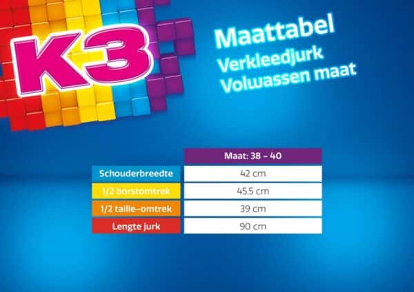 Maattabel verkleedjurk volwassen maat 38-40 K3.