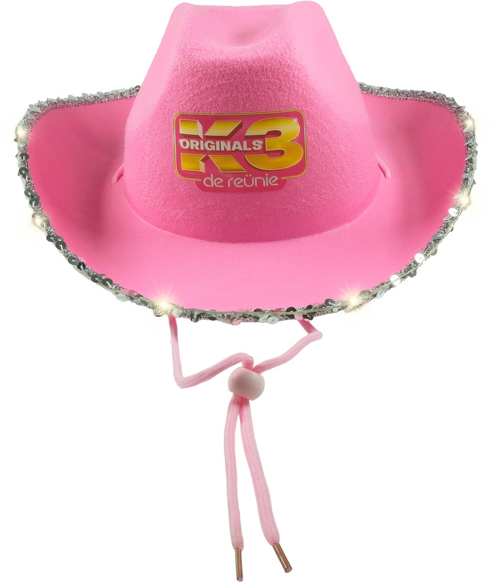 Roze cowboyhoed met K3-logo en glinsterende rand.
