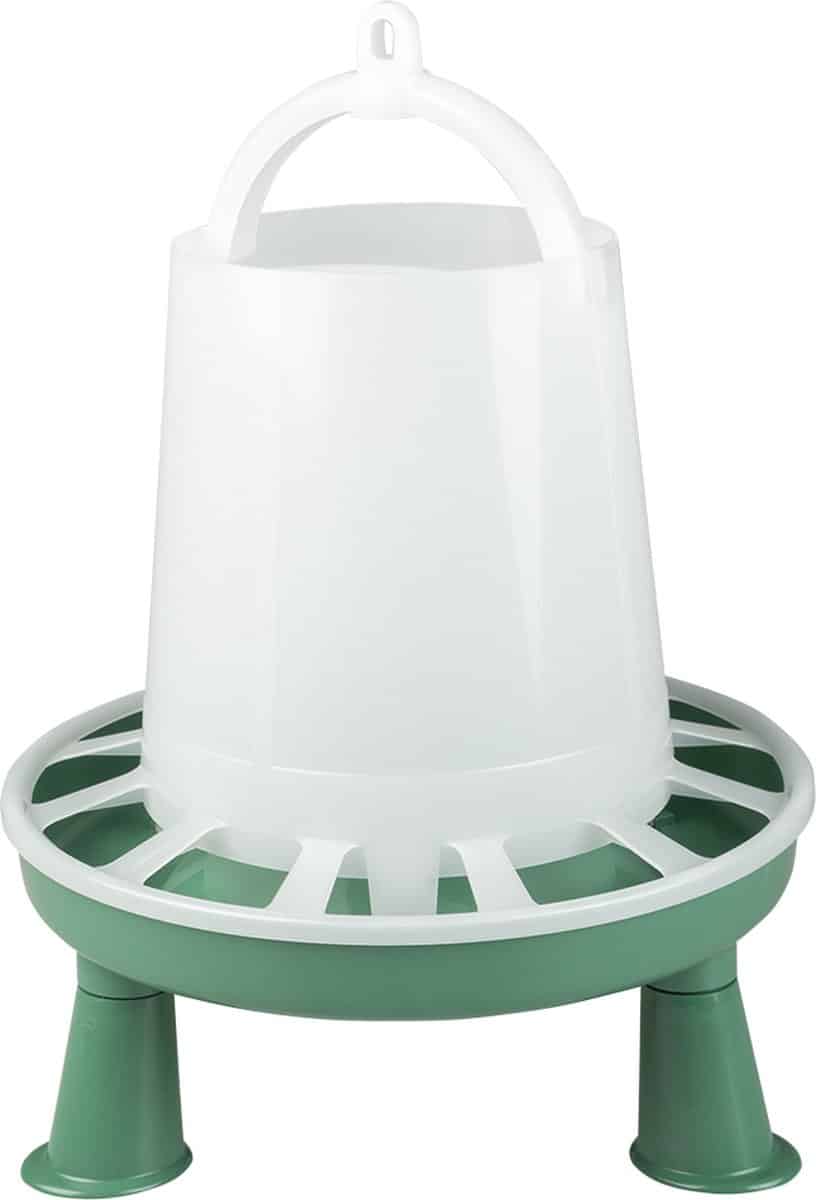 Kippenvoerbak met groen en wit ontwerp, plastic materiaal.