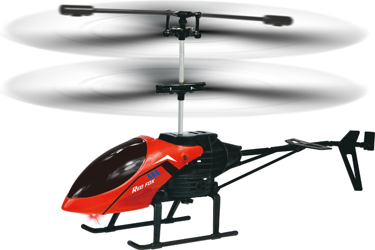 Red toy helicopter with spinning rotors