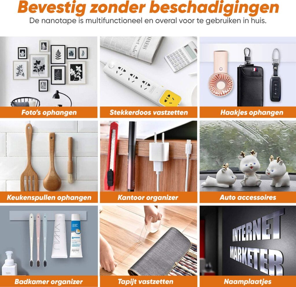 Nanotape voor diverse toepassingen zonder beschadigingen in huis.