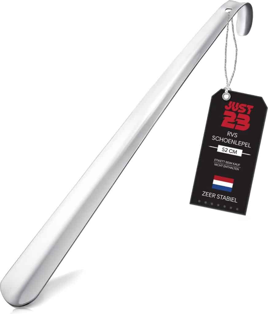 Lange metalen schoenlepel met label, 52 cm.