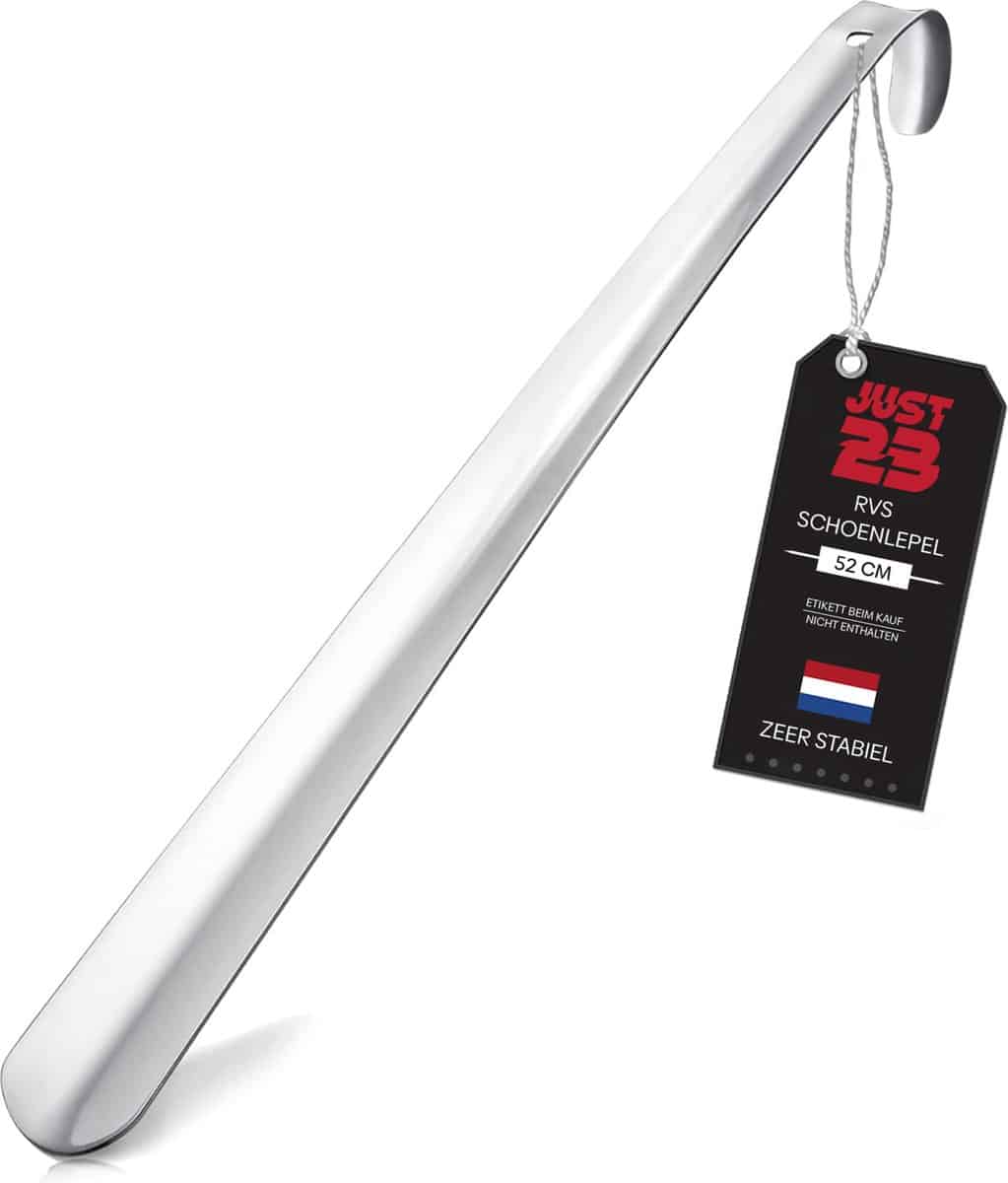 Lange metalen schoenlepel met label, 52 cm.