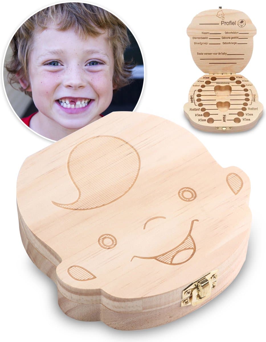 Houten doosje voor melktanden met profielvel.