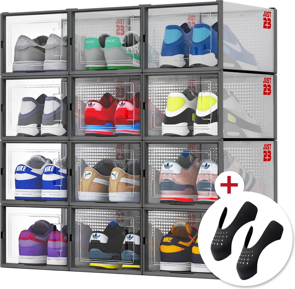 Shoe storage with nine compartments and shoe guards