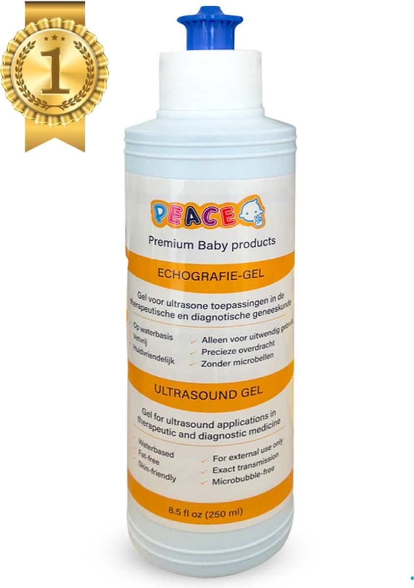 Echografie-gel flesje met blauwe dop, Peace merk.