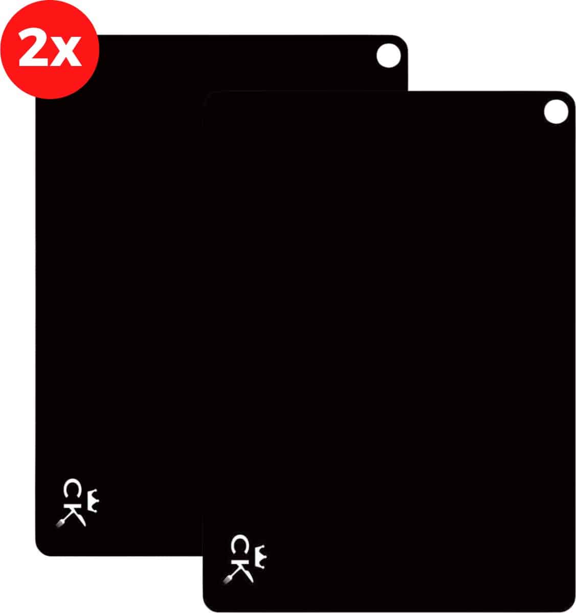 Twee zwarte rechthoekige snijplanken met logo