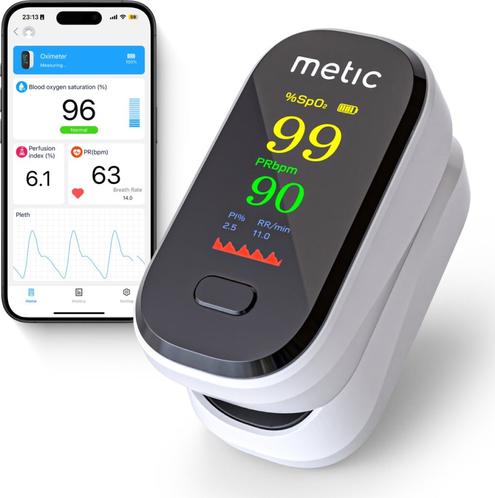 Vingertop pulsoximeter met smartphone appweergave