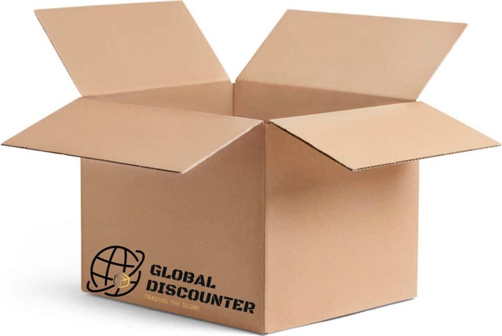 Open kartonnen doos met bedrijfslogo.