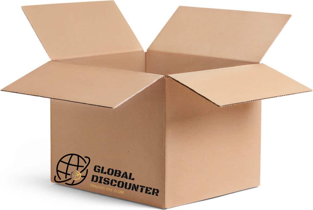 Open kartonnen doos met bedrijfslogo.