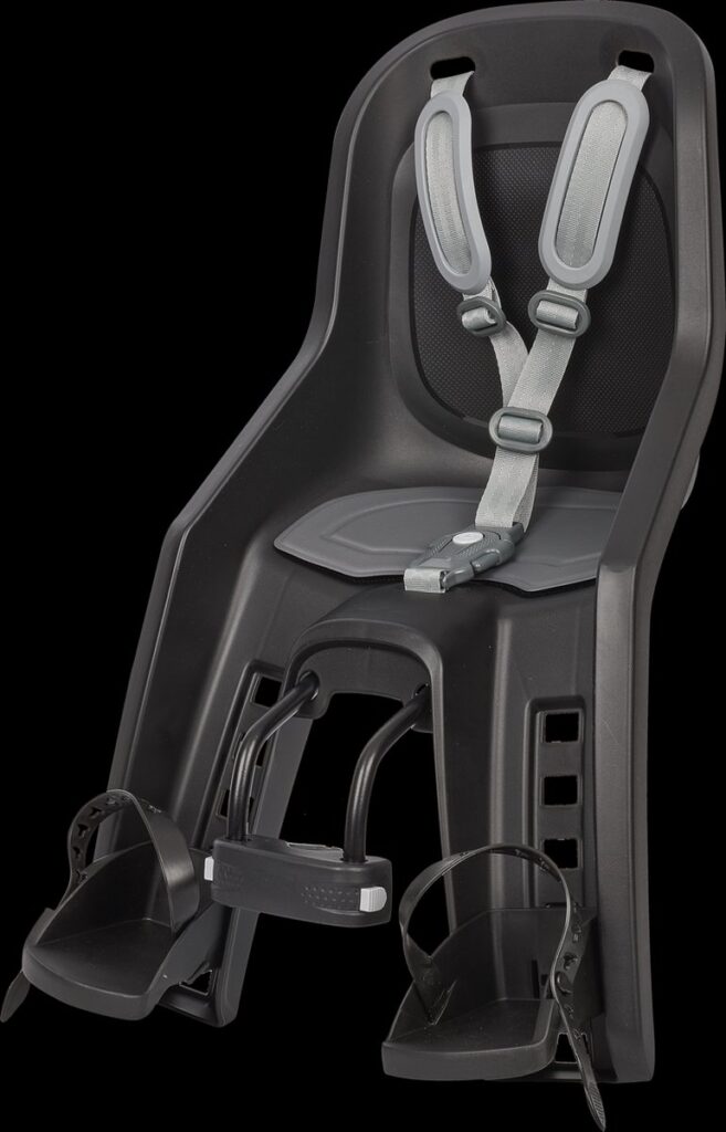 Siège de vélo noir avec ceinture et repose-pieds