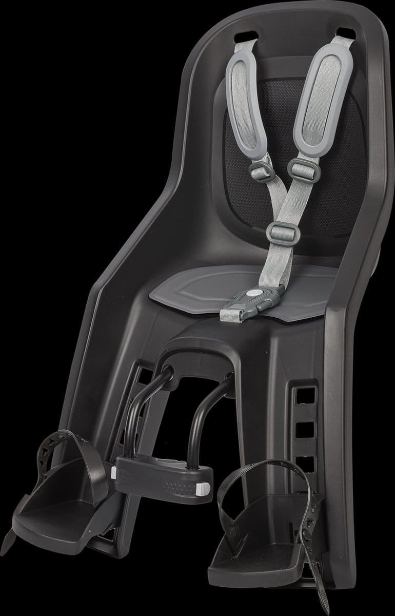 Siège de vélo noir avec ceinture et repose-pieds