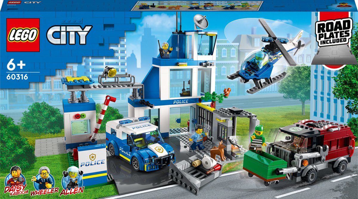 LEGO City politiebureau set met mobiel en helikopter.