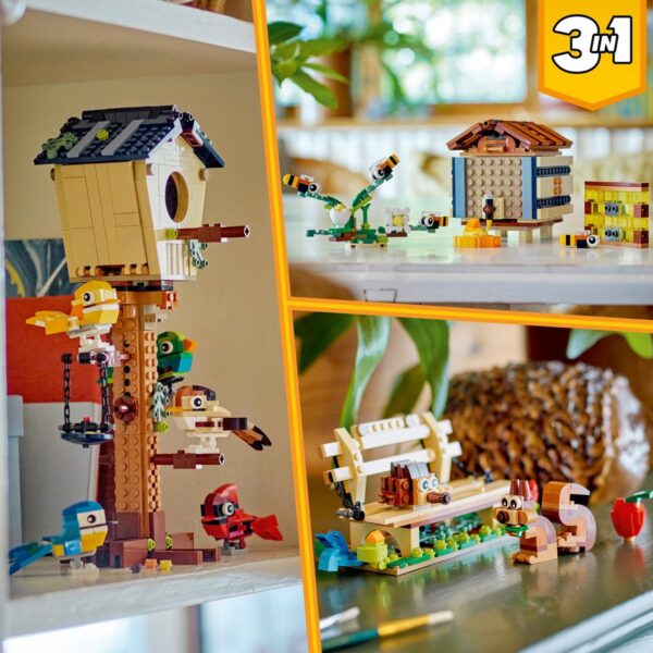 Drie-in-één LEGO sets met vogelhuisje en dieren.