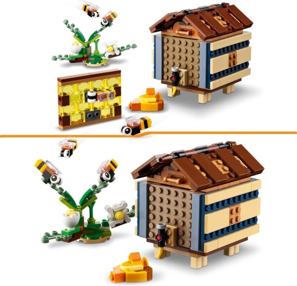 LEGO bijenkorf met bloemen en bijen.