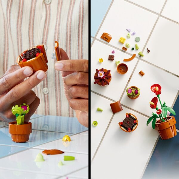 Bouwbare Lego planten in pot op tafel.