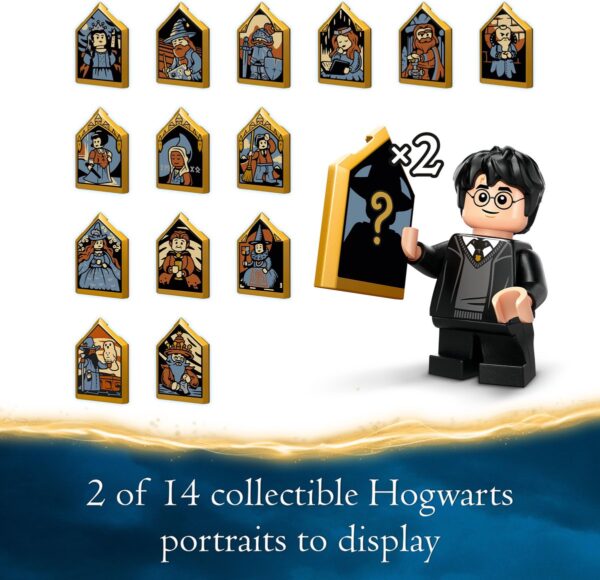 Hogwarts verzamelbare portretten met LEGO-figuur.