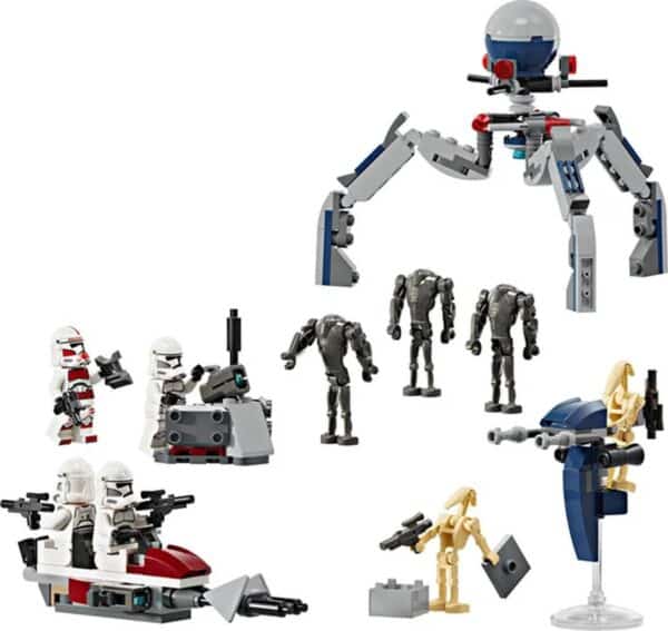 Star Wars LEGO-set met figuren en voertuigen.