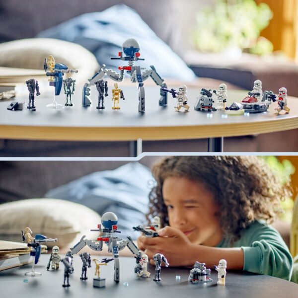 Kind speelt met Star Wars LEGO figuren op tafel.