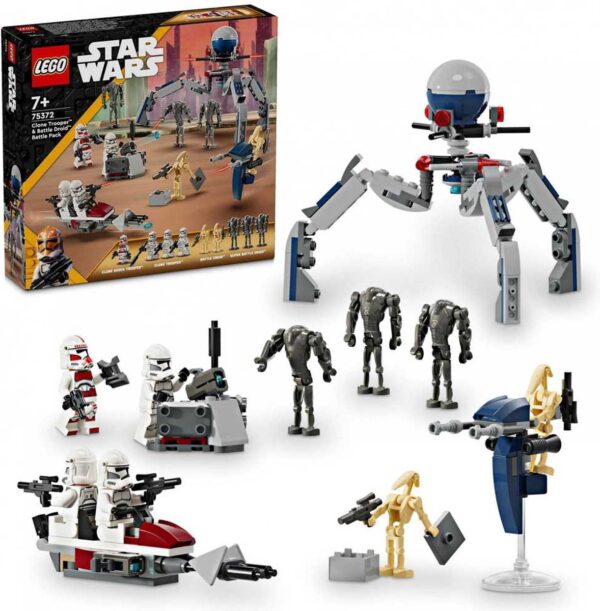 LEGO Star Wars bouwset met figuren en voertuigen.