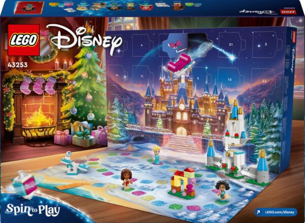 LEGO Disney adventskalender met kerstscène en speelgoedfiguren.