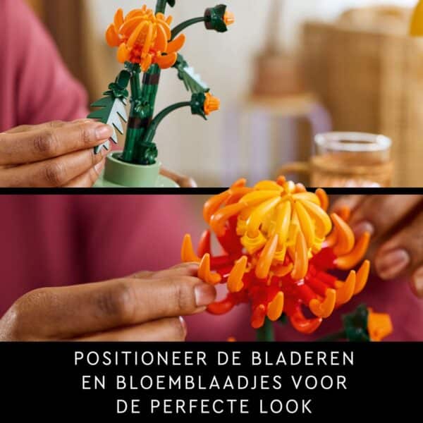 Handen plaatsen bladeren op bloem van bouwstenen