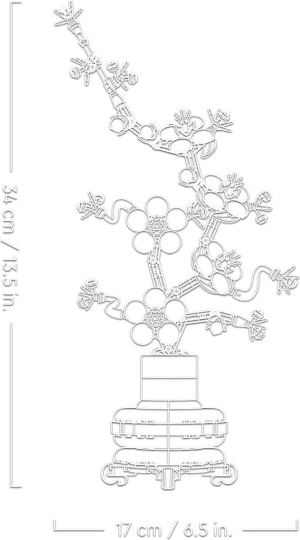 Diagram bonsai bloem van bouwstenen, hoogte en breedte aangegeven.