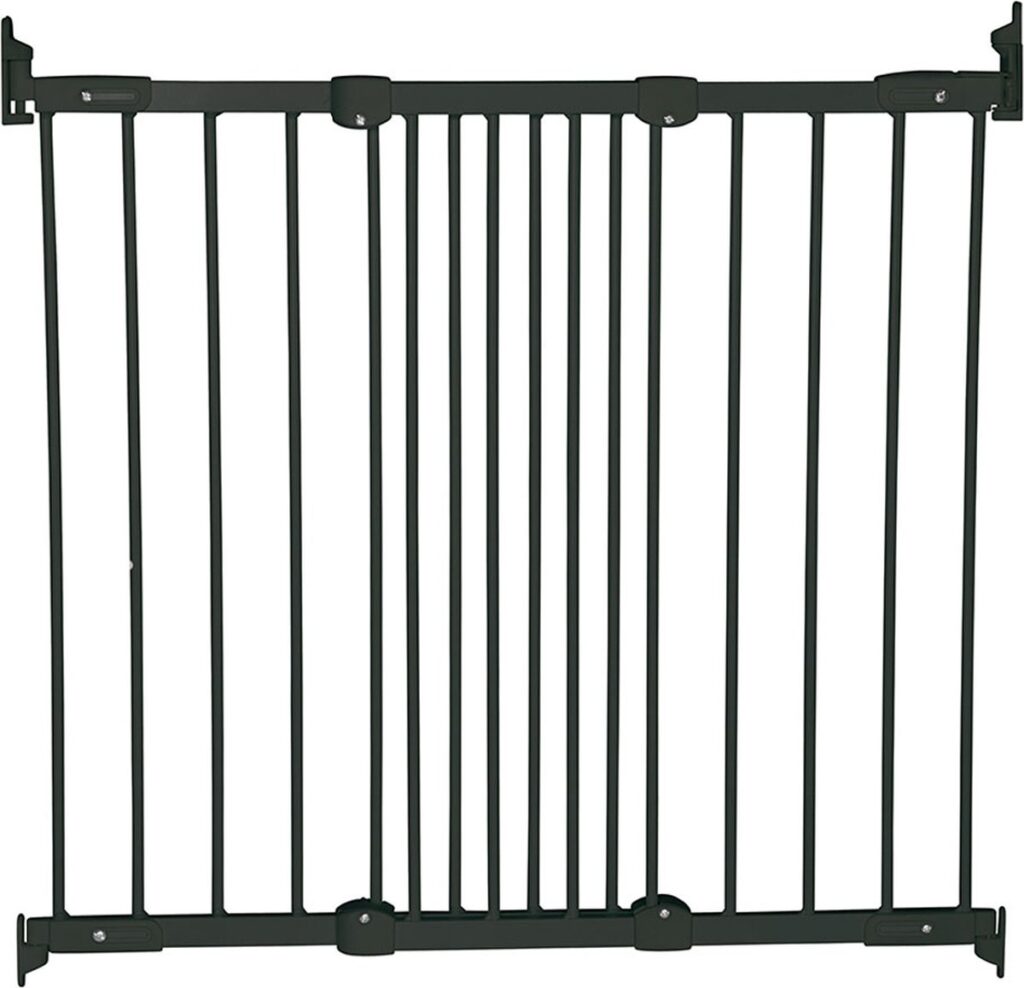 Zwart metalen veiligheidshek met spijlen voor kinderen.