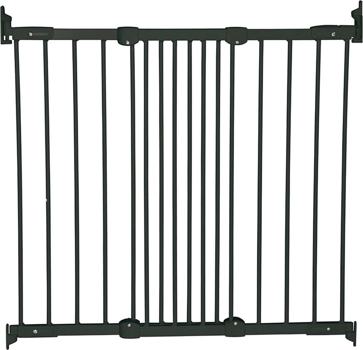 Zwart metalen veiligheidshek met spijlen voor kinderen.