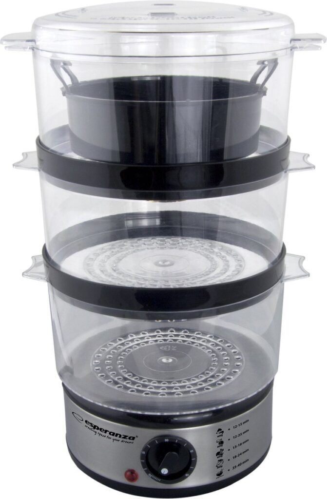 Electric food steamer with three transparent layers